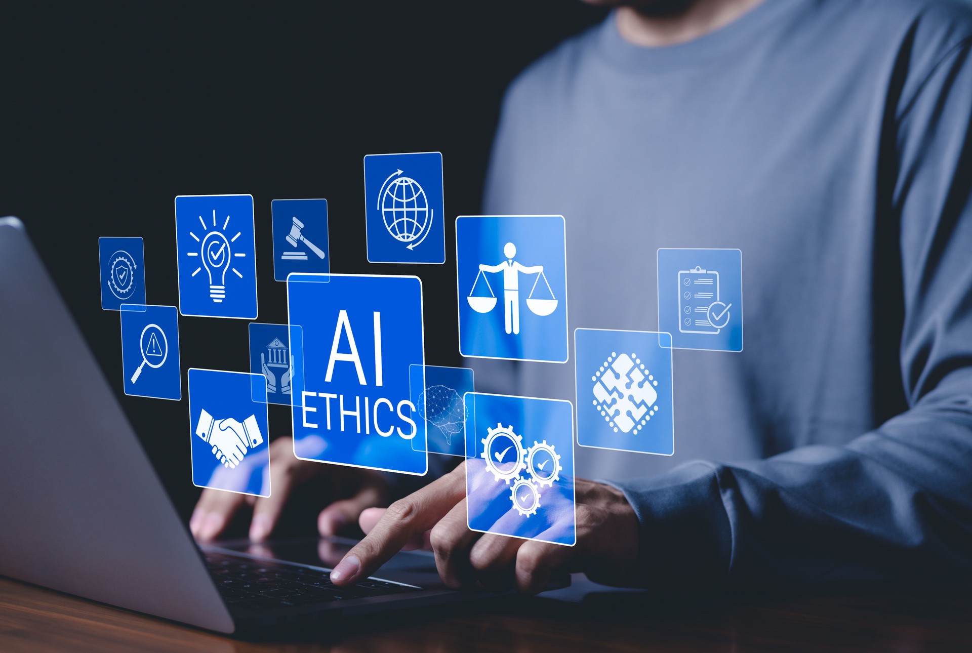 AI Ethics and Governance in Artificial Intelligence. A person working on laptop with icons representing ethics, law, and governance in AI, importance of responsible AI usage, ethical decision-making,