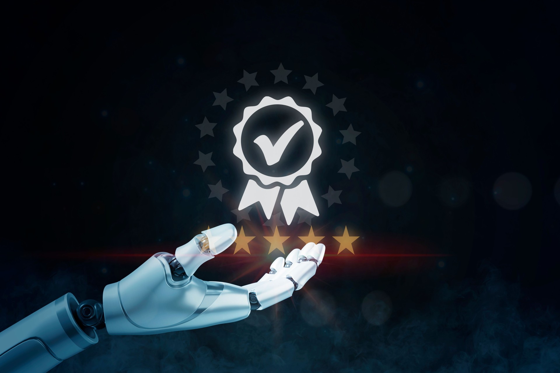 Robot hand  shows the sign of top service Quality assurance, Selecting excellent quality to increase customer satisfaction, Quality Control, improvement, Standardization, and certification ISO